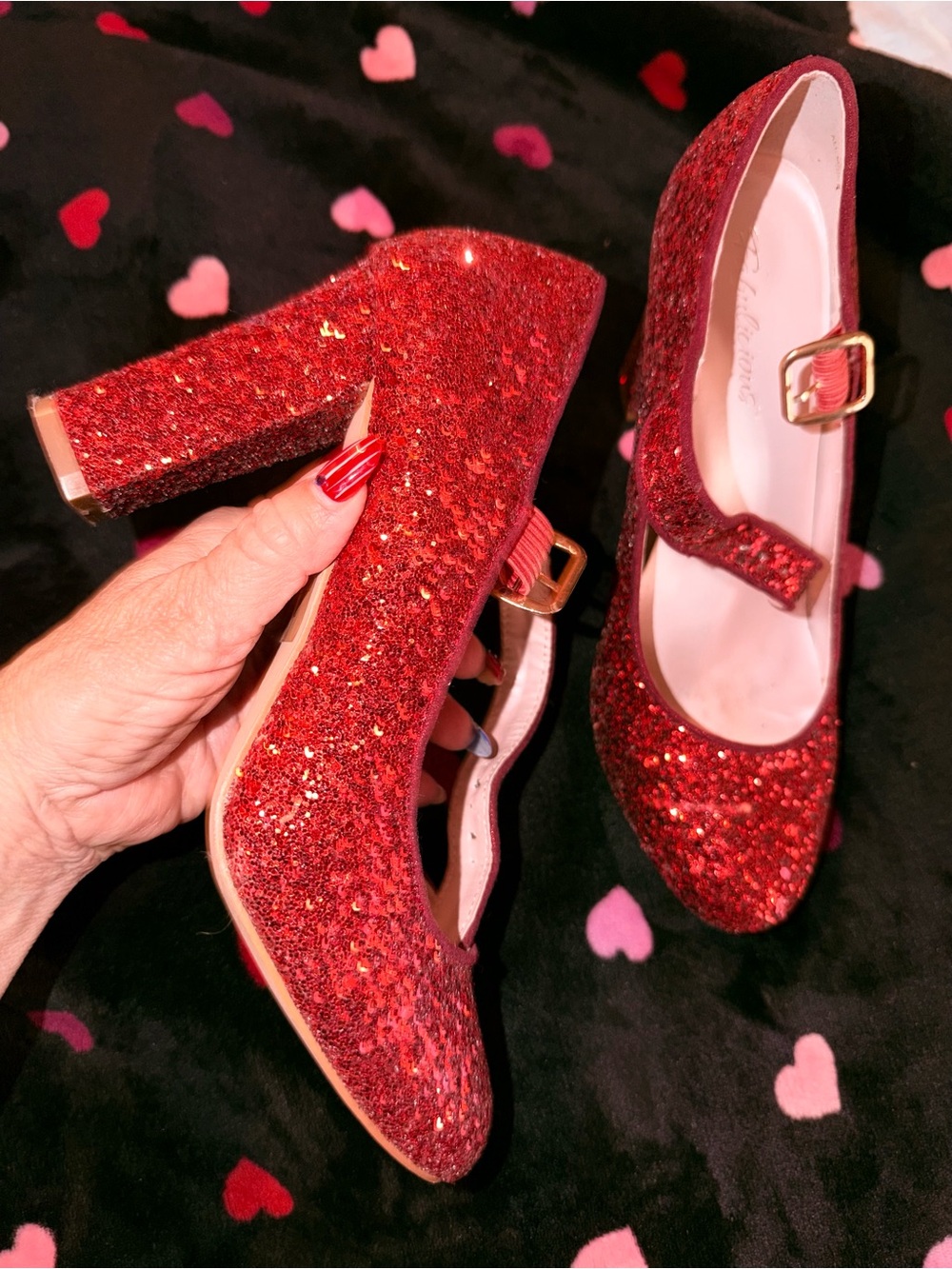 Red Glitter Mary Jane Block Heel Pumps